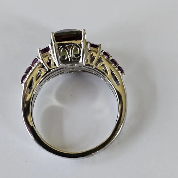 Genuine Watermelon Quartz & Rhodolite Garnet Ring Platinum/925 Sz 8! - Picture 10 of 14